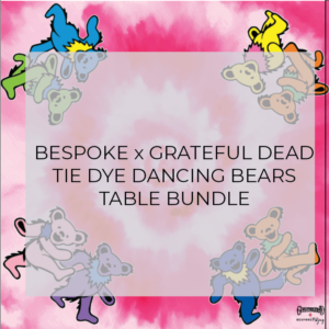 SPECIAL ORDER – THE LAGUNA TABLE – Collector’s Edit – TIE DYE DANCING BEARS – Black Base / 4-Leg Traditional