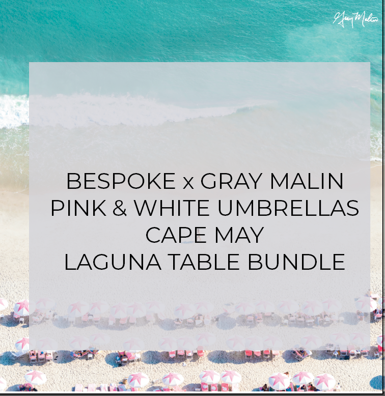 SPECIAL ORDER – Gilt X Coastal Blue Laguna Table – Pink and White Umbrellas, Cape May – Black / 4-Leg Traditional